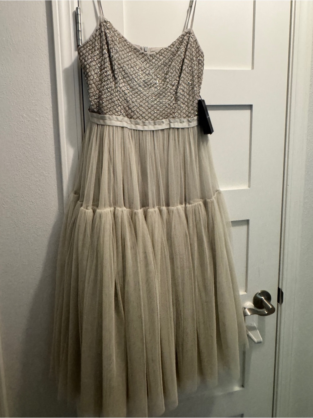 Beaded Bodice Tulle Midi Dress in Dove Gray